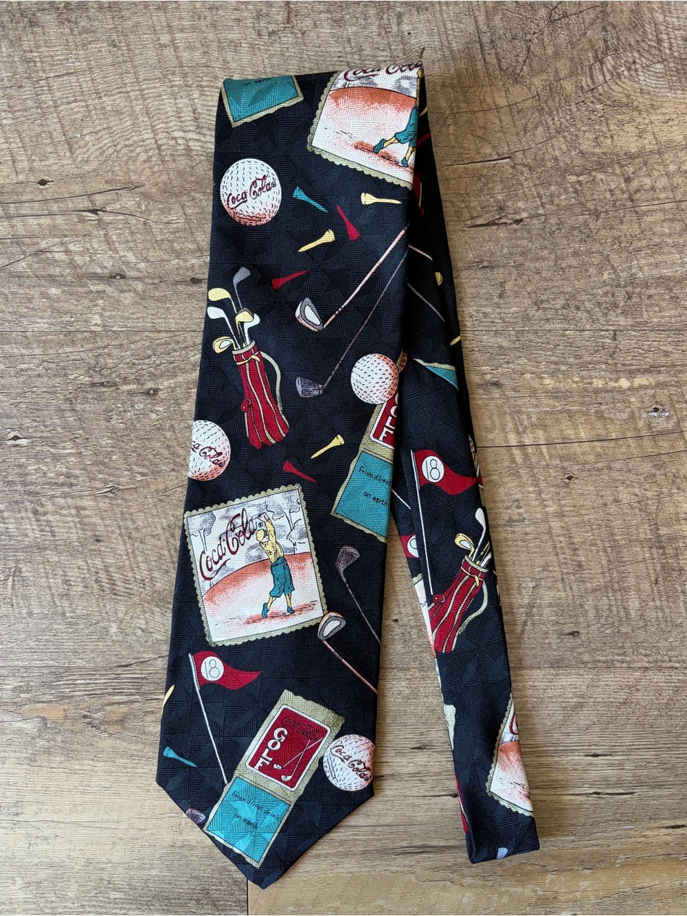 Vintage Coca Cola Golf-Themed Novelty Print Patterned Black Neck Tie